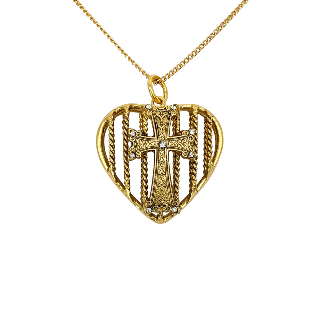 VIRGINS SAINTS & ANGELS VSA Caged Heart Cross Charm Necklace in Gold