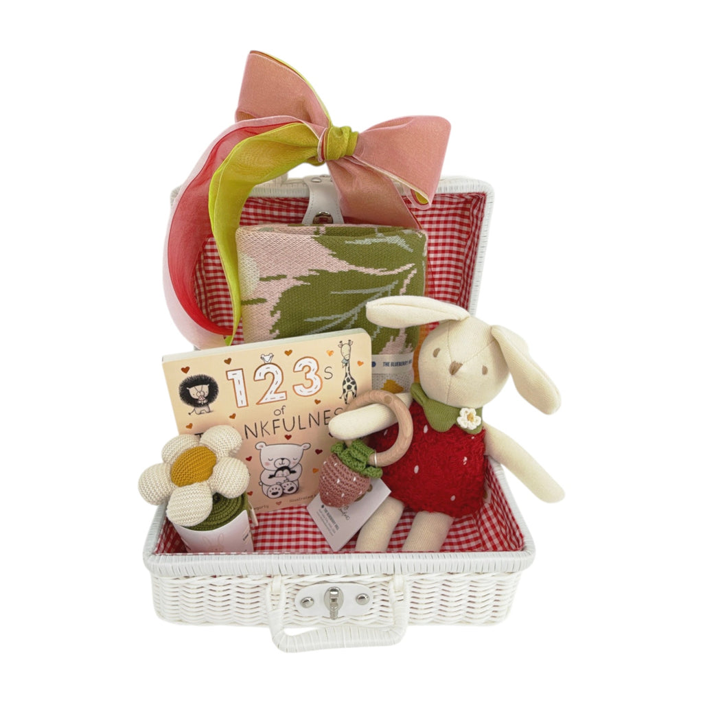 THE BLUEBERRY HILL Strawberry Bunny Baby Gift Basket: Wicker Suitcase