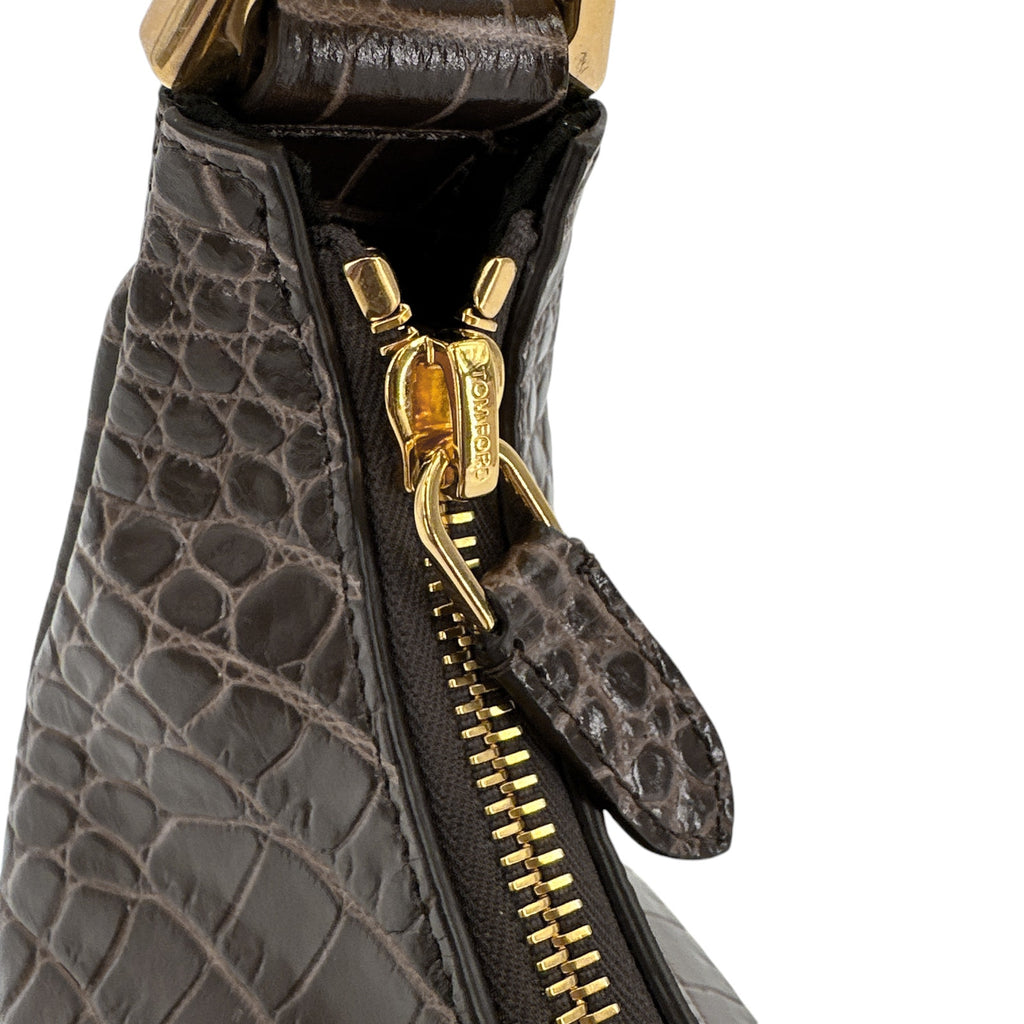 TOM FORD Calfskin Crocodile Embossed Mini Bianca Hobo Chestnut