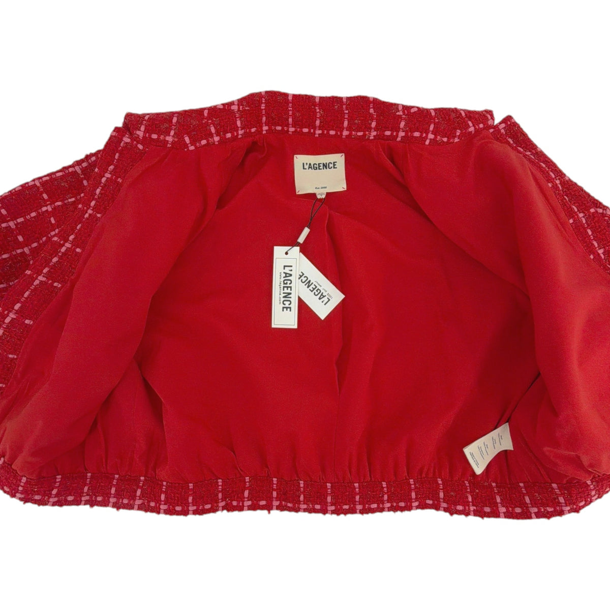 L'AGENCE Cove Cropped Tweed Jacket in Red & Hot Pink Plaid 10|L