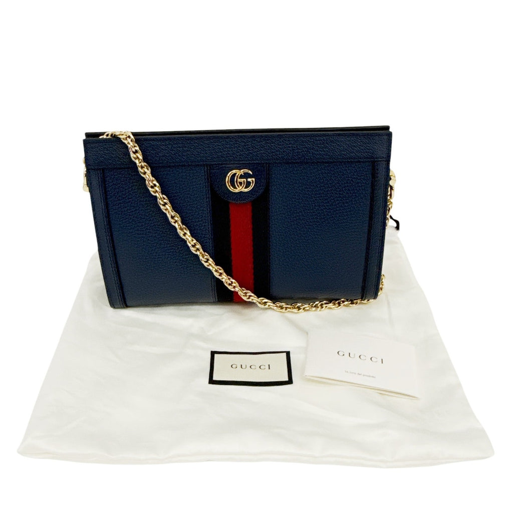 GUCCI Ophidia Chain Shoulder Bag Textured Calfskin Web in Blue Agata