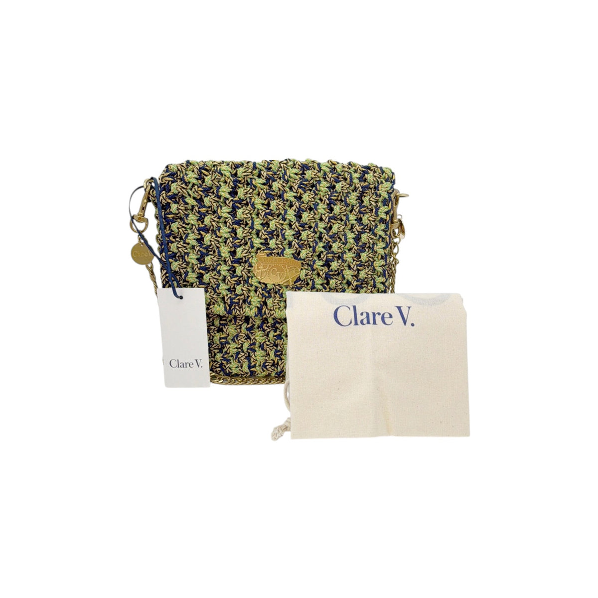 CLARE V. Ramya Bag in Green & Navy Metallic Crochet