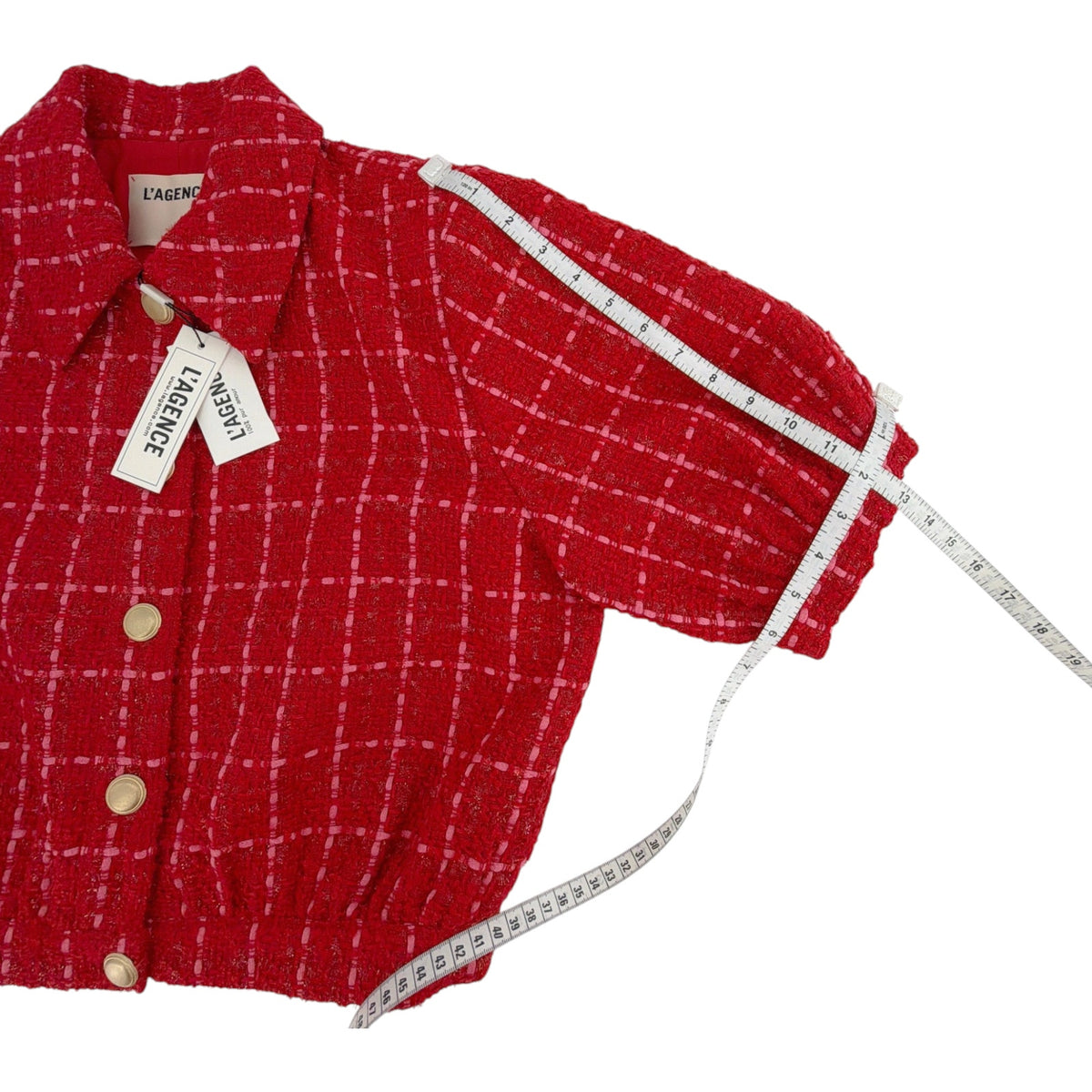 L'AGENCE Cove Cropped Tweed Jacket in Red & Hot Pink Plaid 10|L
