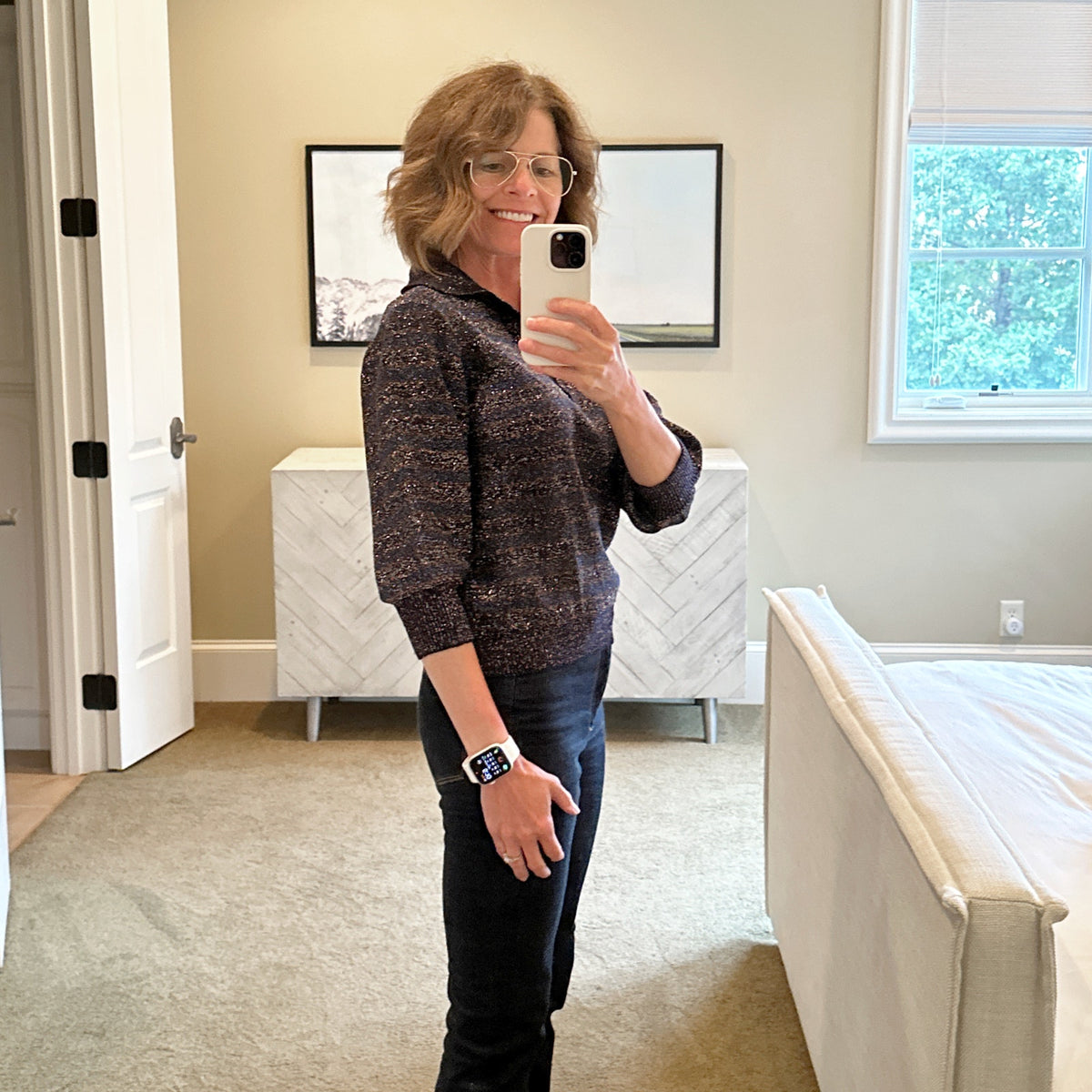 CHLOE Lurex Polo Sweater in Dark Navy M