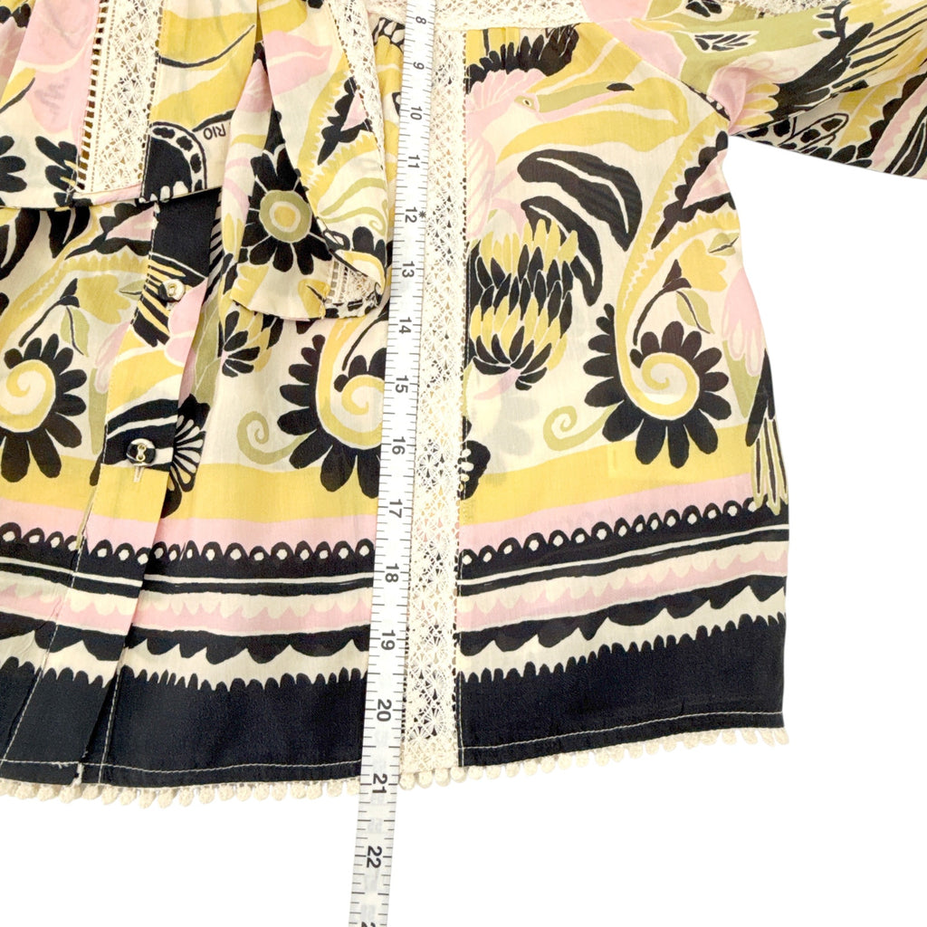 FARM RIO Vintage Forest Lace Trim Tie Neck Blouse M