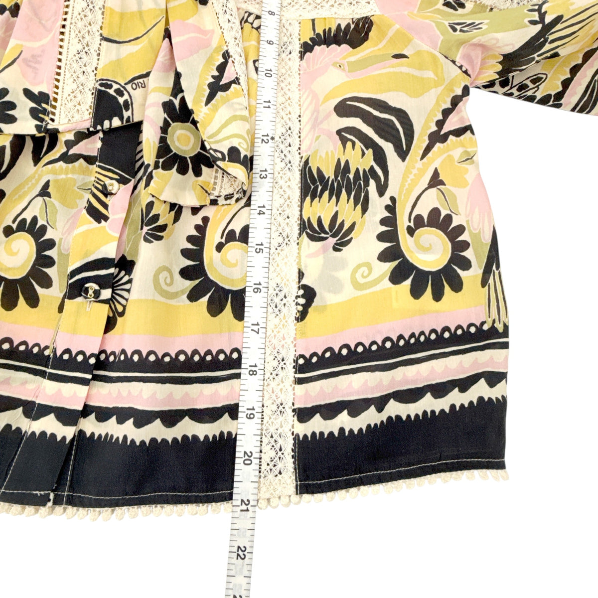 FARM RIO Vintage Forest Lace Trim Tie Neck Blouse M