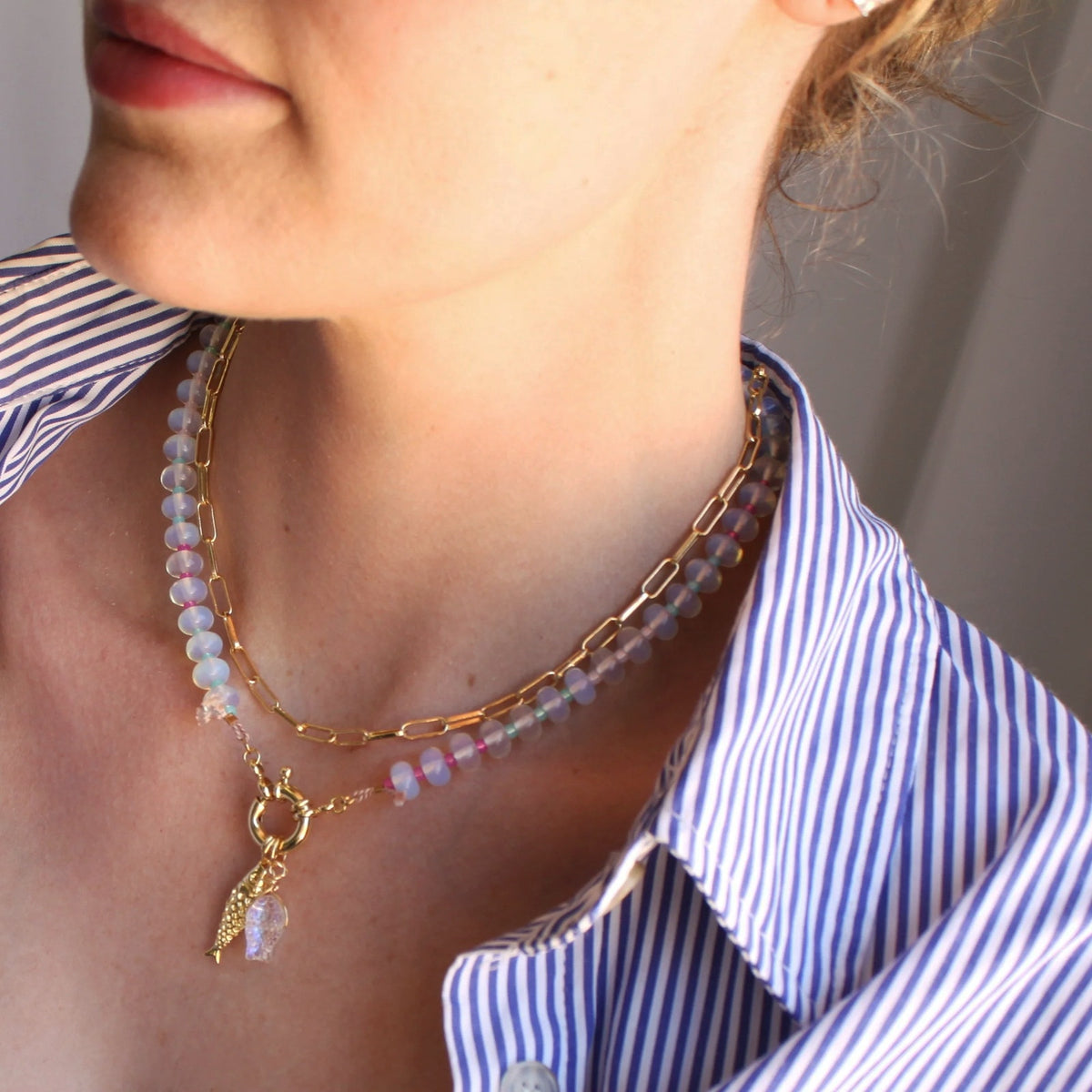 THE SILVER WREN Mirage Stone Candy Fish Necklace in Opalite 18"