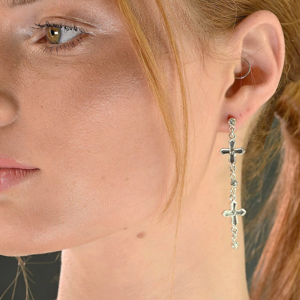 VSA Peace Cross 2 Crystal Drop Post Earrings Silver