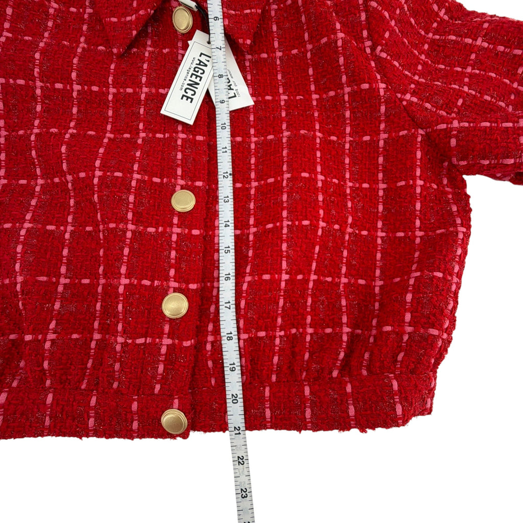 L'AGENCE Cove Cropped Tweed Jacket in Red & Hot Pink Plaid 10|L