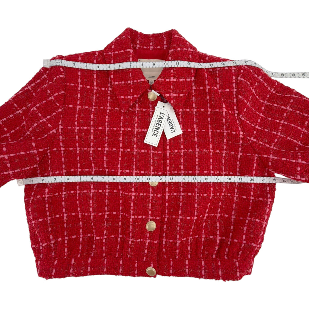 L'AGENCE Cove Cropped Tweed Jacket in Red & Hot Pink Plaid 10|L