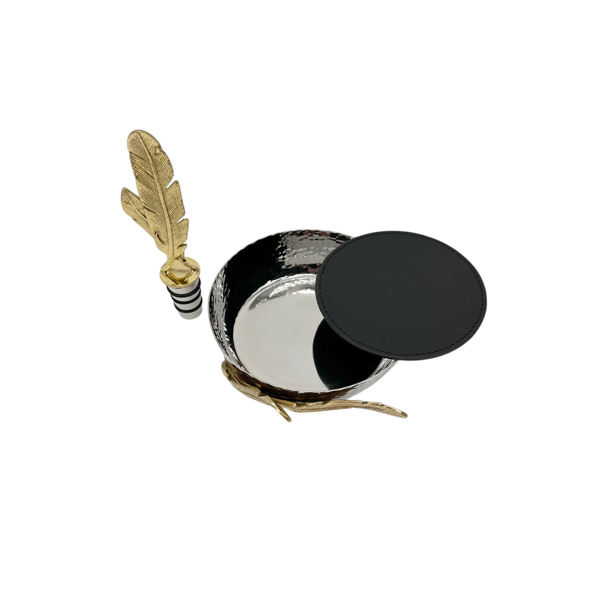 MICHAEL ARAM Gold Feather Coaster & Wine Stopper Set
