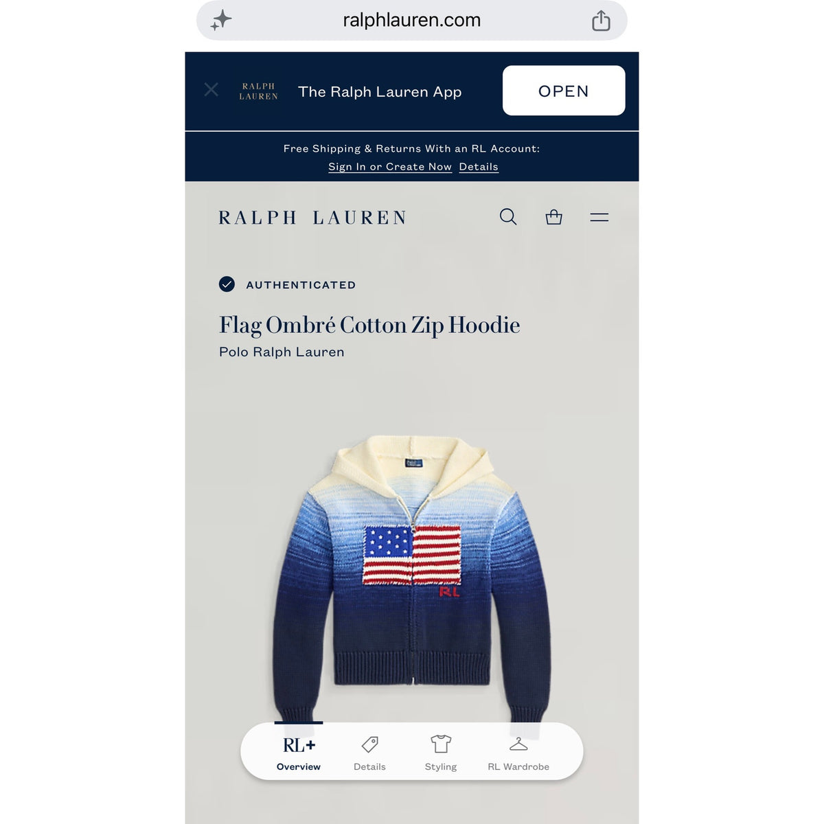 POLO RALPH LAUREN Flag Ombre Zip Hoodie Cardigan in White/Royal Blue M