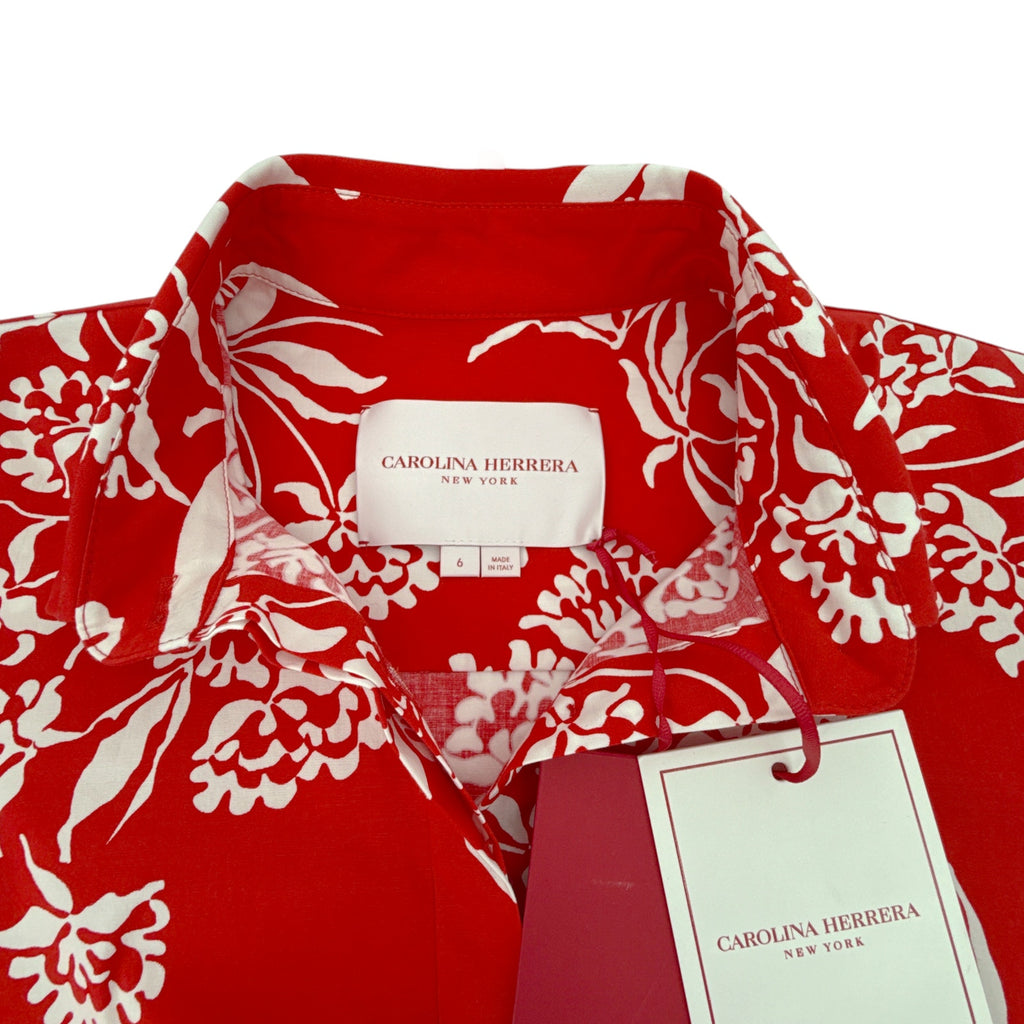 CAROLINA HERRERA Red Printed Short Sleeve Shirtdress in Red 6|M