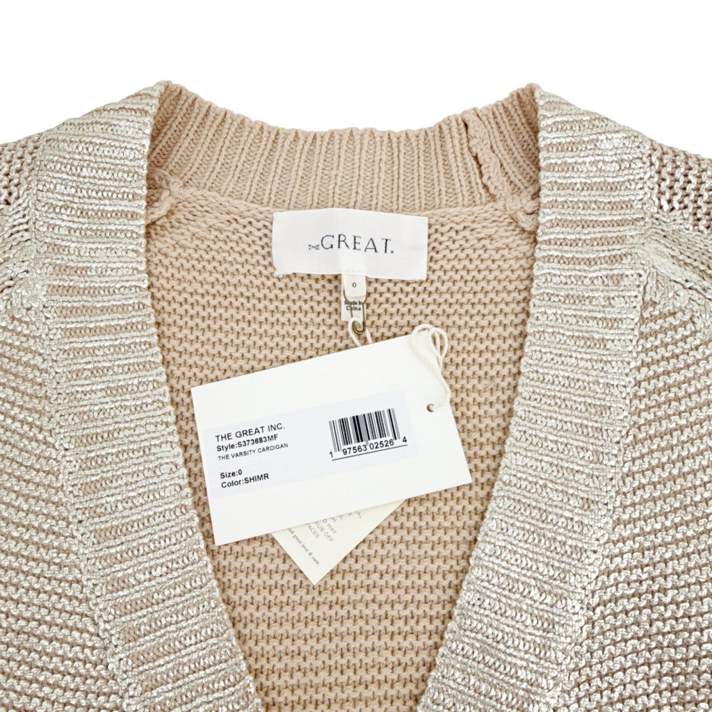 THE GREAT. The Varsity Cardigan Gold Shimmer 0|XS
