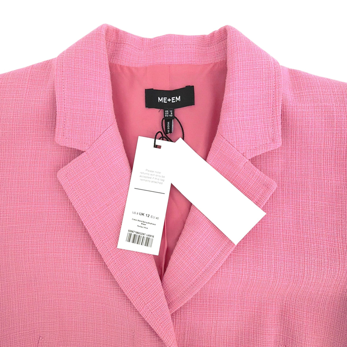 ME+EM Cotton Blend Spring Boyfriend Blazer in Perfect Pink UK12|US8