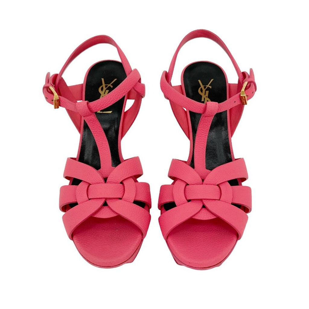 SAINT LAURENT Grained Calfskin Tribute 75 Platform Sandals in Rose Clair 37