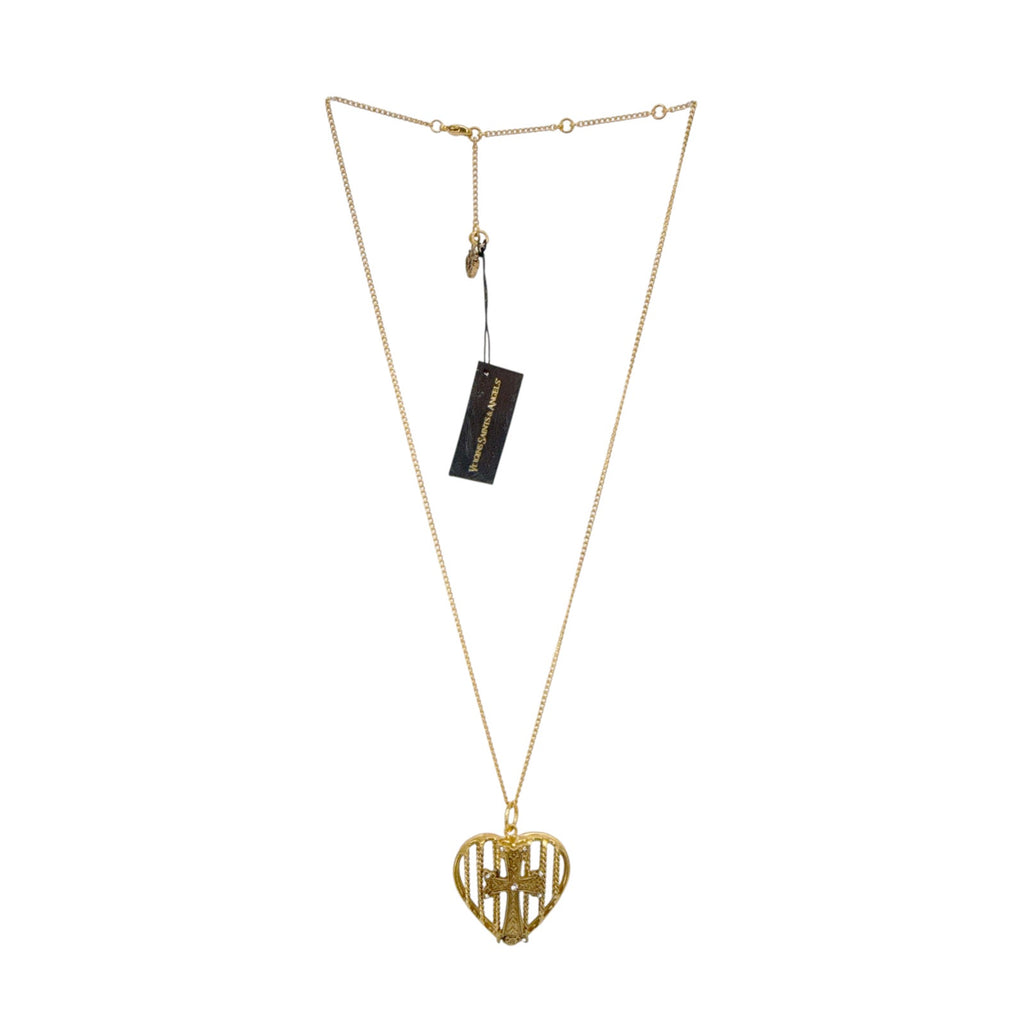 VIRGINS SAINTS & ANGELS VSA Caged Heart Cross Charm Necklace in Gold