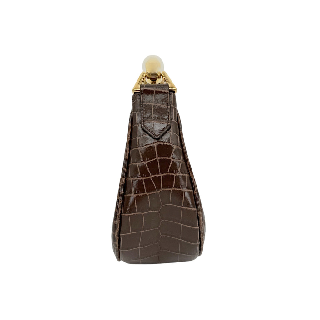 TOM FORD Calfskin Crocodile Embossed Mini Bianca Hobo Chestnut
