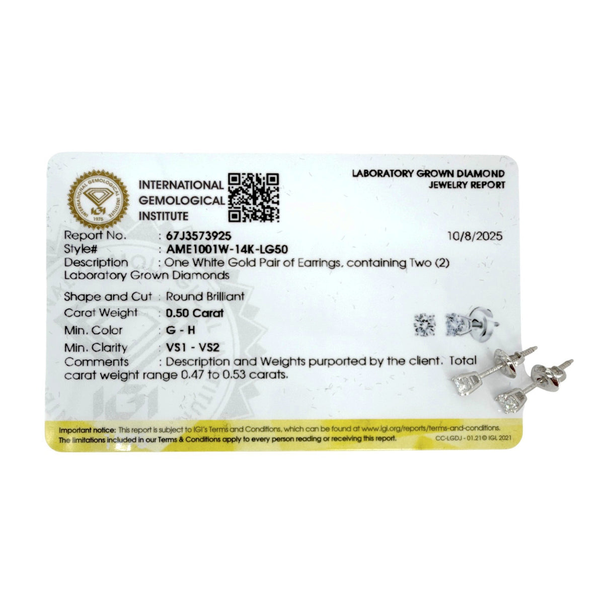 DIAMOND Certified Lab-Grown Solitaire Stud Earrings .5 CTW in 14k White Gold