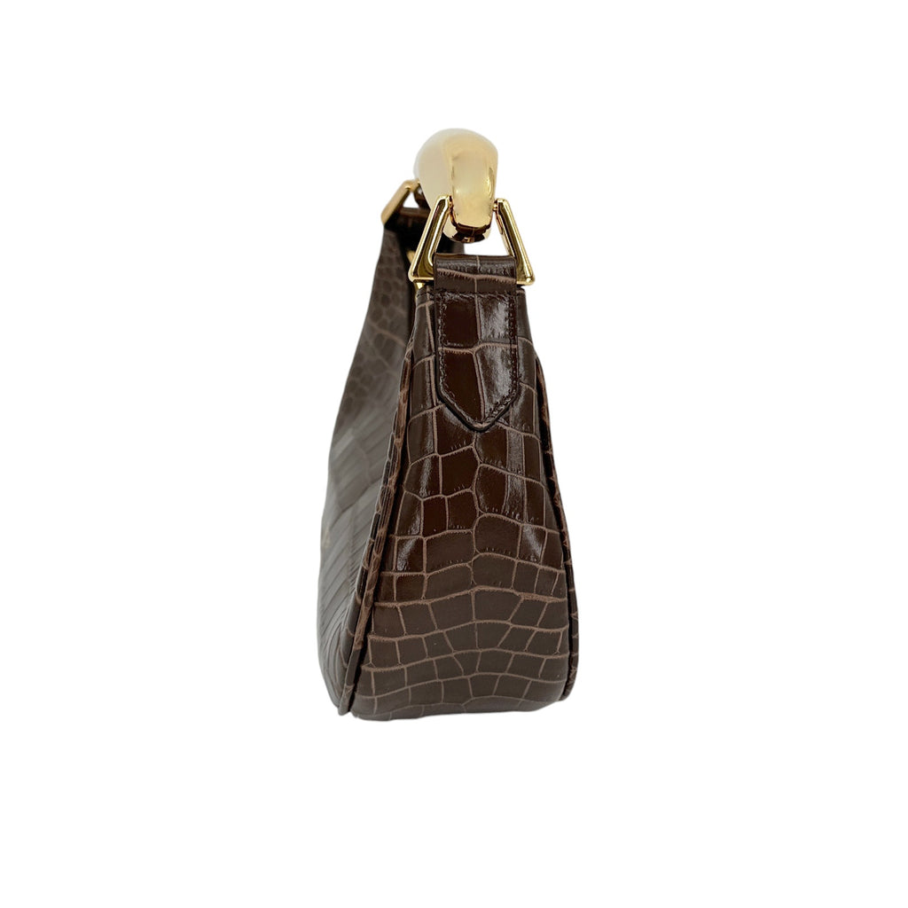 TOM FORD Calfskin Crocodile Embossed Mini Bianca Hobo Chestnut