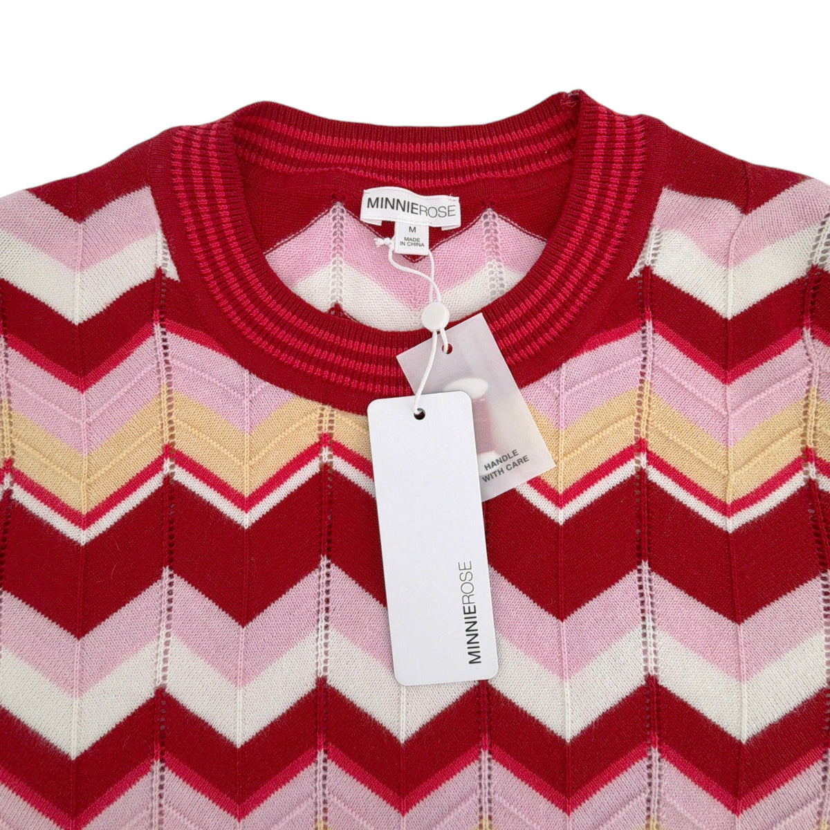 MINNIE ROSE Chevron Pointelle Crew Sweater in Red Multi M