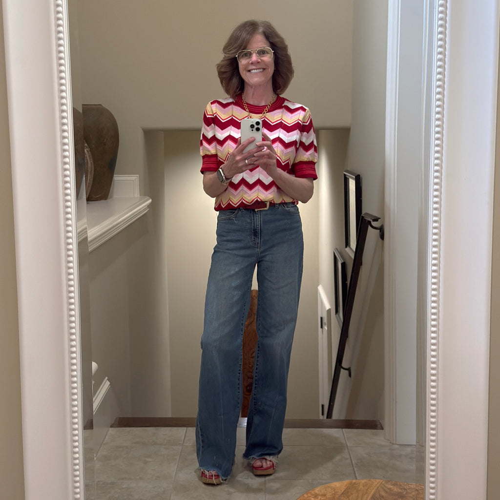 MINNIE ROSE Chevron Pointelle Crew Sweater in Red Multi M