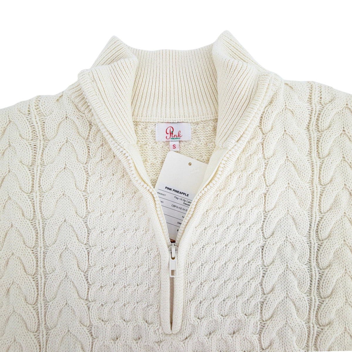 PINK PINEAPPLE Flag 1/2 Zip Cable Sweater Ivory S