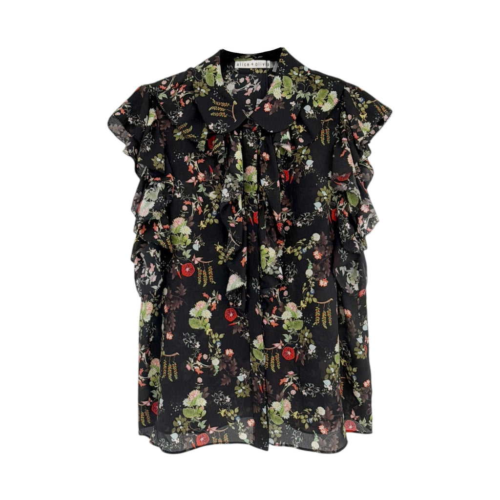 ALICE+OLIVIA Floral Ruffle Blouse in Blush Kiss Black S