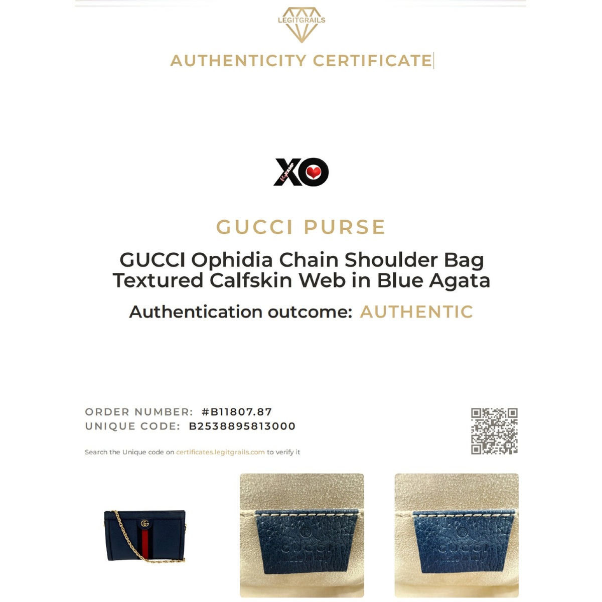 GUCCI Ophidia Chain Shoulder Bag Textured Calfskin Web in Blue Agata