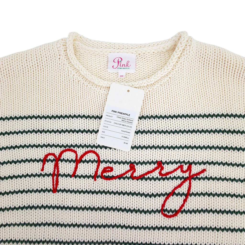 PINK PINEAPPLE Chloe Stripe Rollneck Merry Sweater in Ivory/Green XS