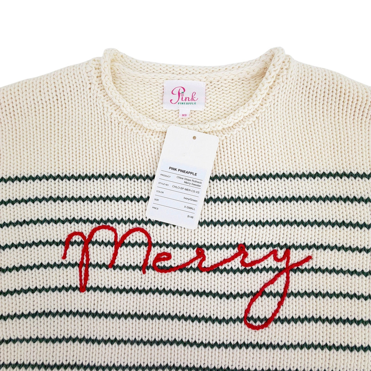 PINK PINEAPPLE Chloe Stripe Rollneck Merry Sweater in Ivory/Green XS