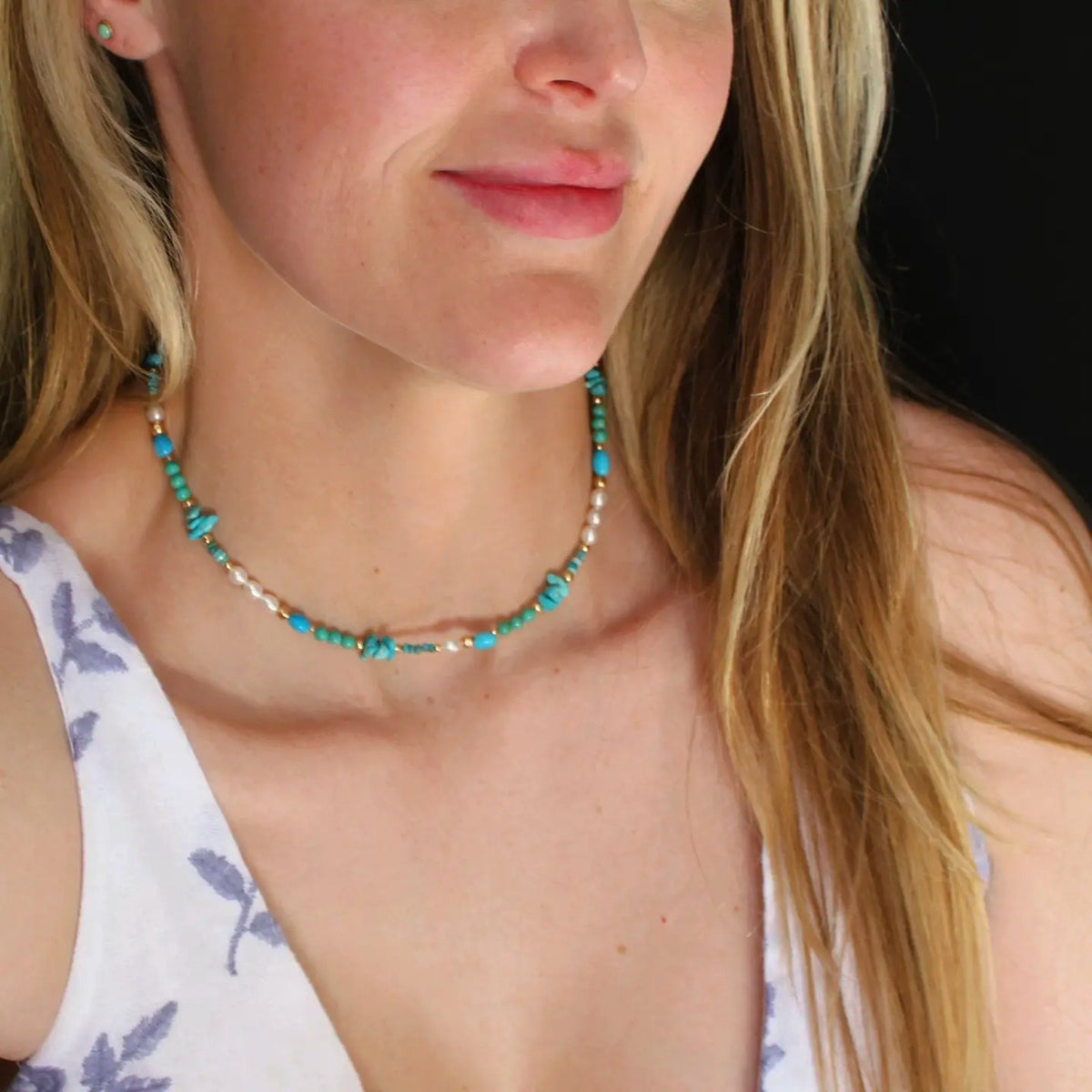 THE SILVER WREN Beaded Turquoise and Pearl Necklace
