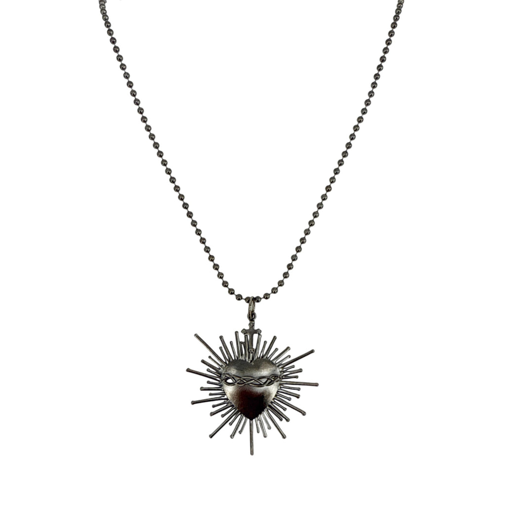 VSA Sacred Flame Charm Necklace Gunmetal 34" Ball Chain