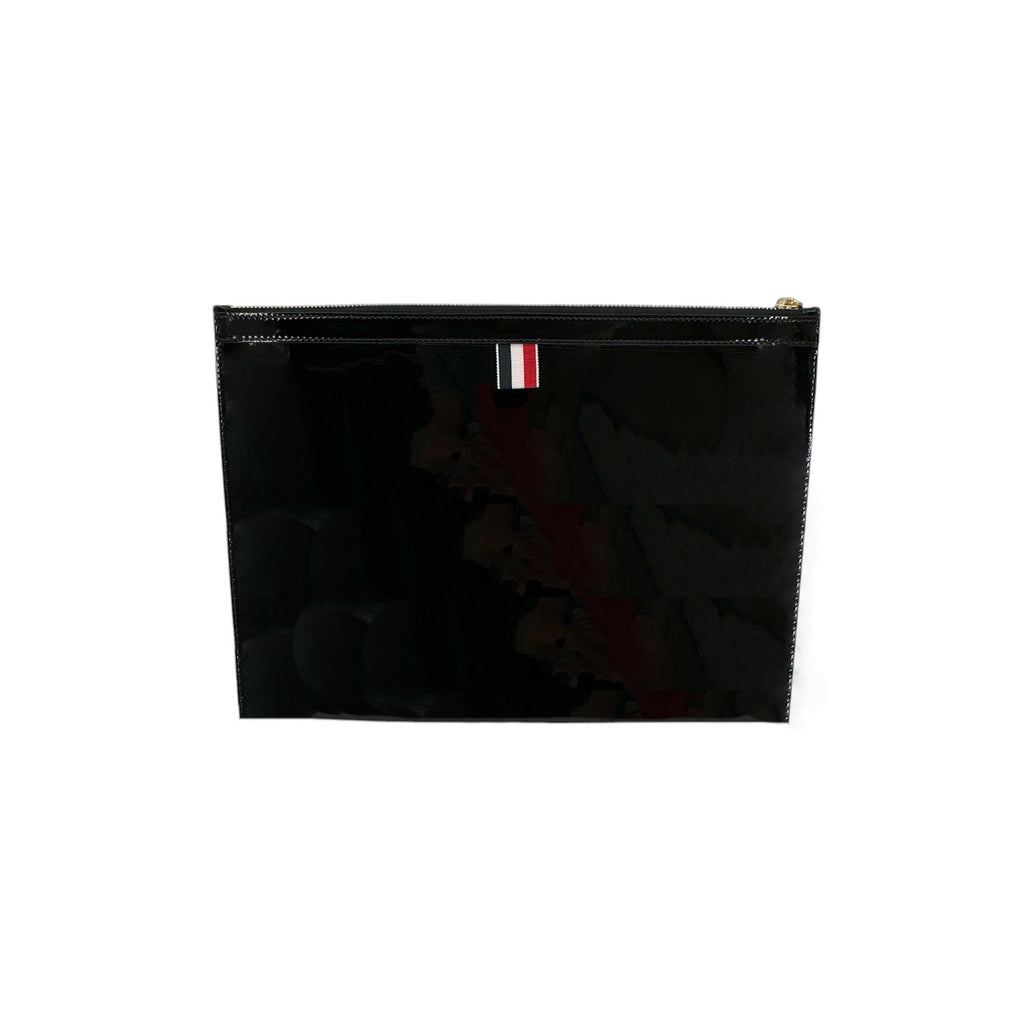 THOM BROWNE Black Soft Patent Leather Grosgrain 4-Bar Medium Document Holder