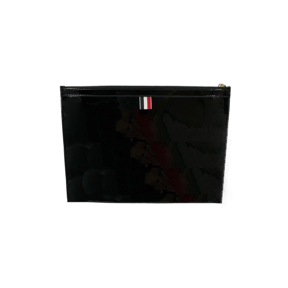 THOM BROWNE Black Soft Patent Leather Grosgrain 4-Bar Medium Document Holder