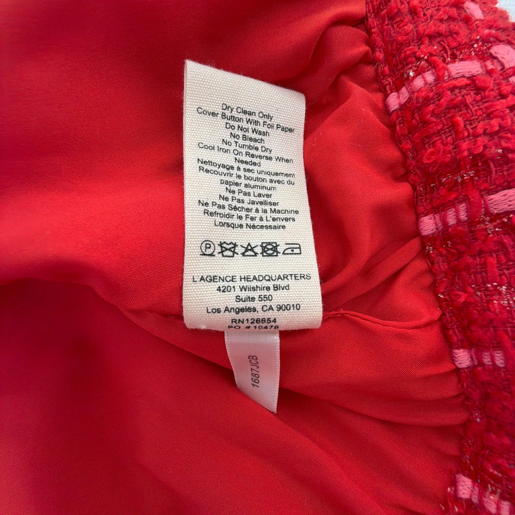 L'AGENCE Cove Cropped Tweed Jacket in Red & Hot Pink Plaid 10|L