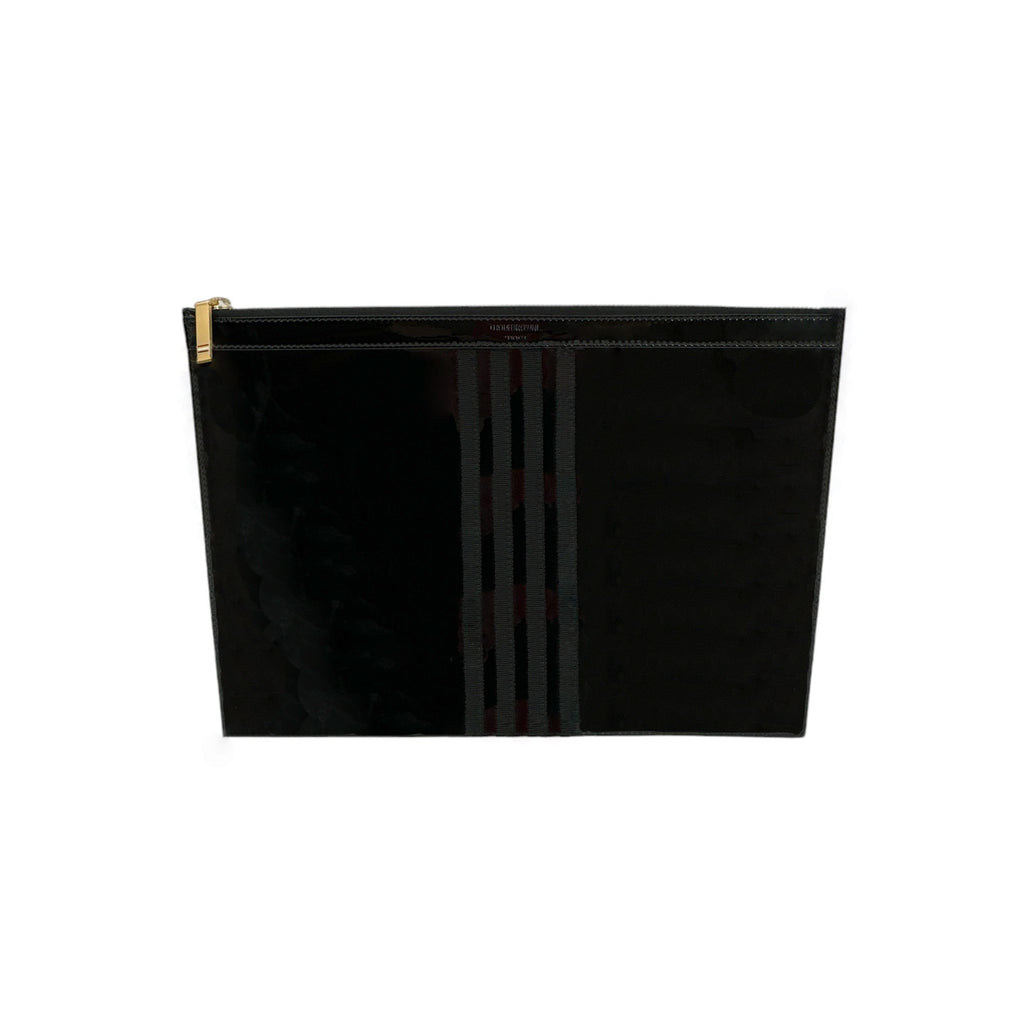 THOM BROWNE Black Soft Patent Leather Grosgrain 4-Bar Medium Document Holder