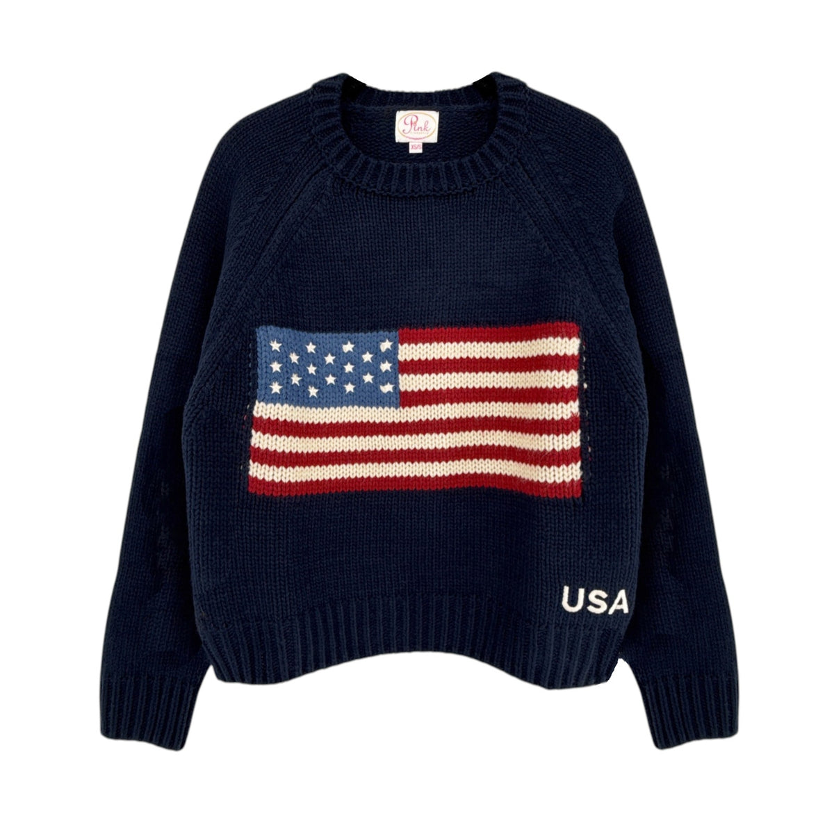PINK PINEAPPLE Crop Vintage Acrylic Flag Sweater in Navy XS/S