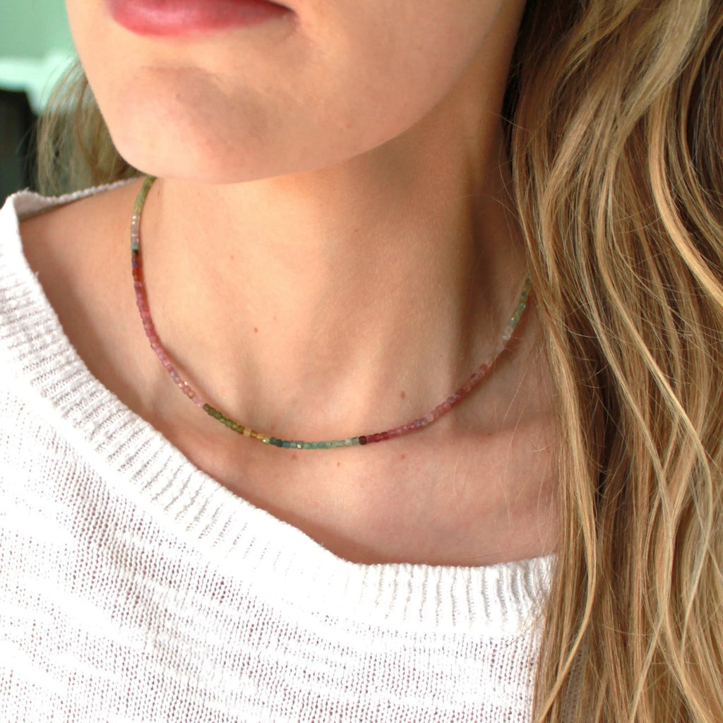 THE SILVER WREN Natural Tourmaline Beaded Necklace+Heart Charm