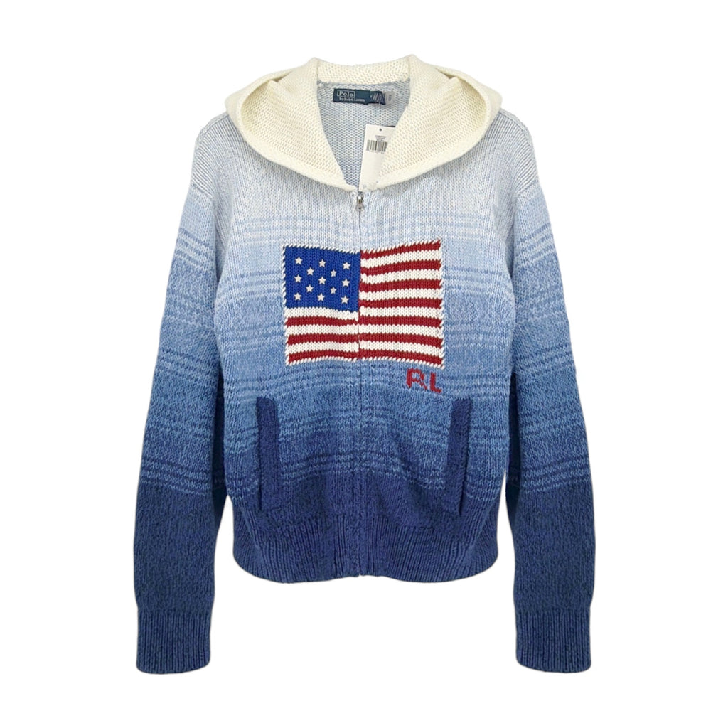 POLO RALPH LAUREN Flag Ombre Zip Hoodie Cardigan in White/Royal Blue M