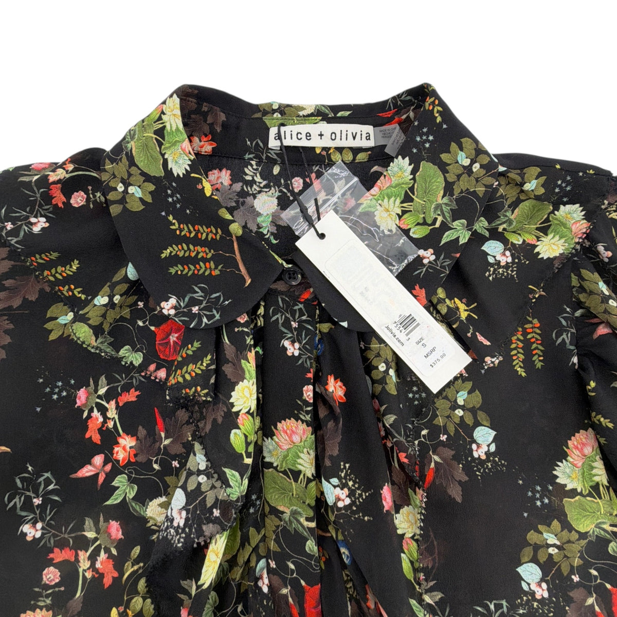 ALICE+OLIVIA Floral Ruffle Blouse in Blush Kiss Black S