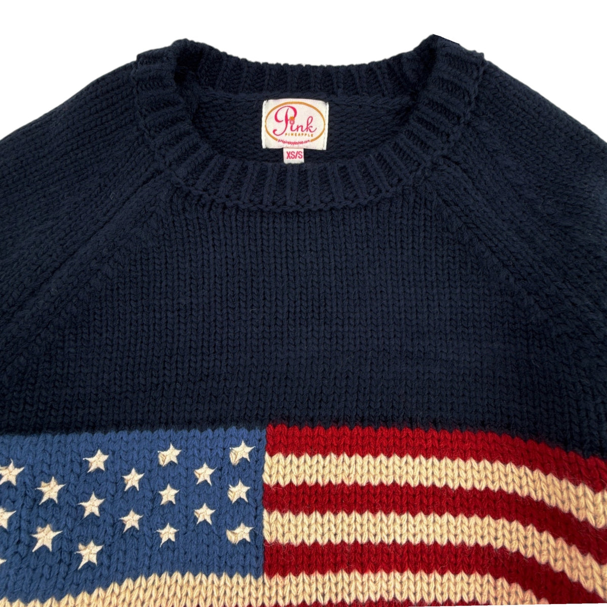 PINK PINEAPPLE Crop Vintage Acrylic Flag Sweater in Navy XS/S