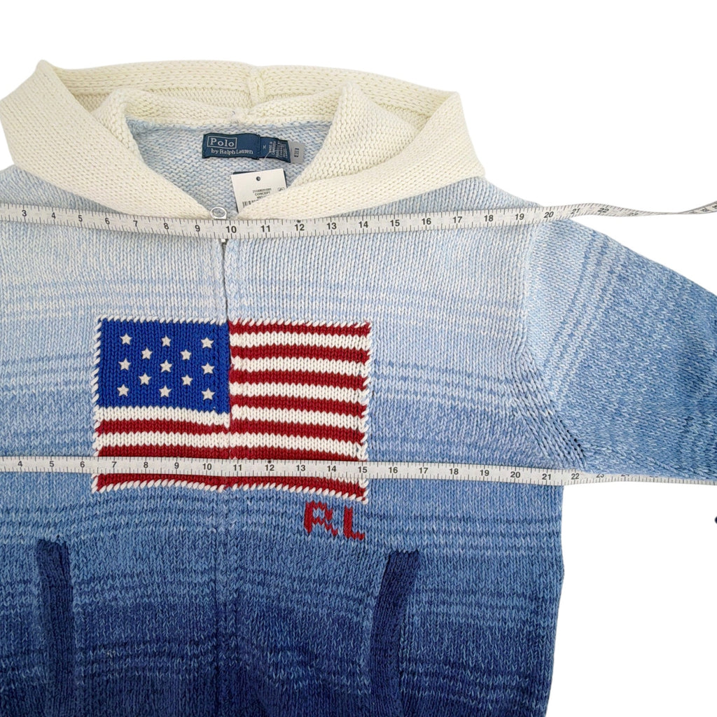 POLO RALPH LAUREN Flag Ombre Zip Hoodie Cardigan in White/Royal Blue M