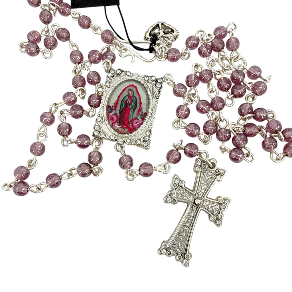 VSA Retablo Guadalupe Rosary Necklace in Silver & Pink