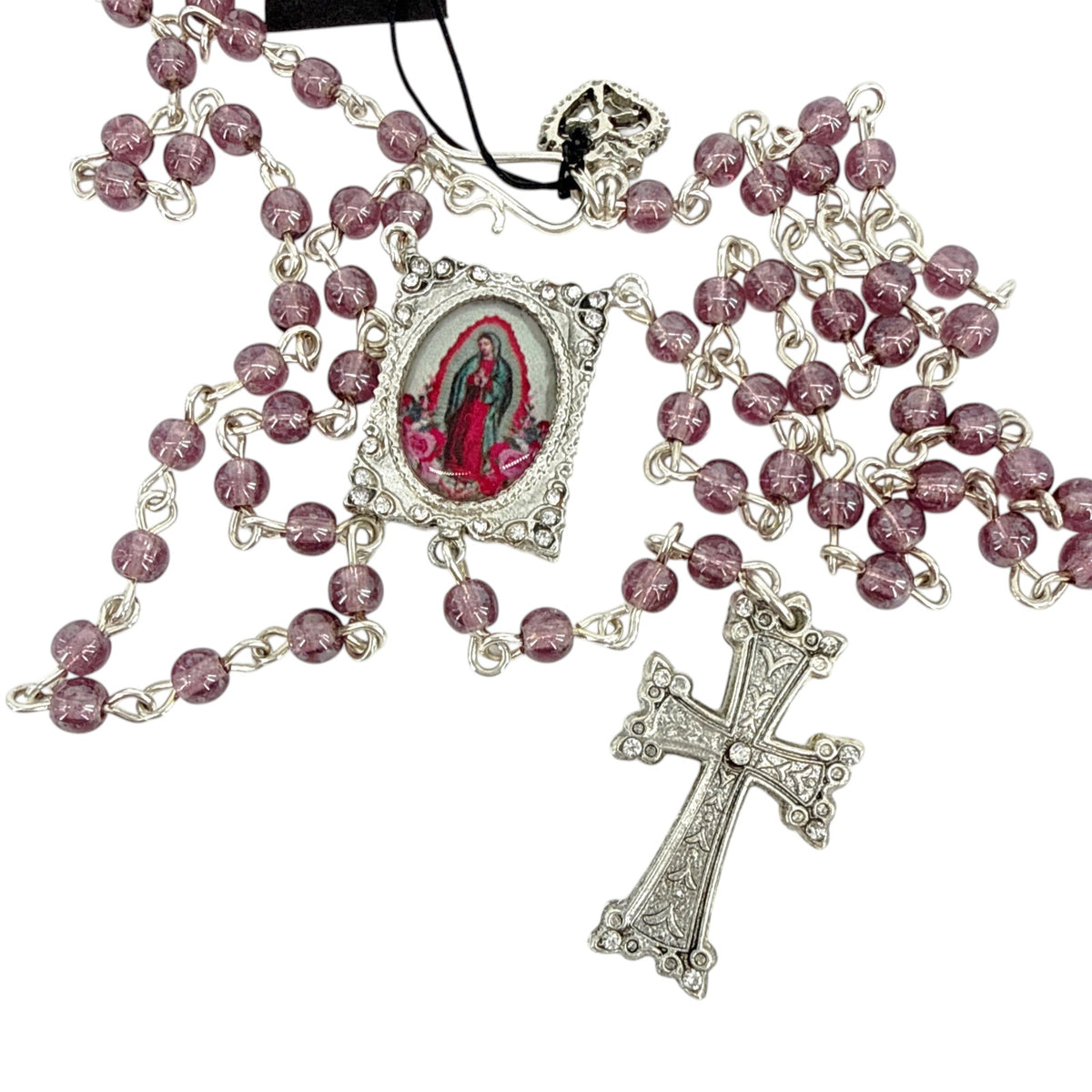 VSA Retablo Guadalupe Rosary Necklace in Silver & Pink