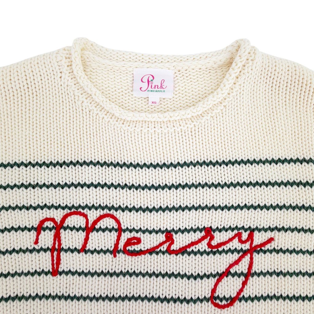 PINK PINEAPPLE Chloe Stripe Rollneck Merry Sweater in Ivory/Green XS