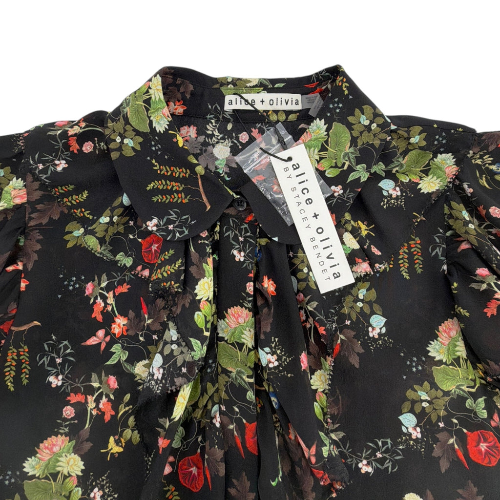 ALICE+OLIVIA Floral Ruffle Blouse in Blush Kiss Black S