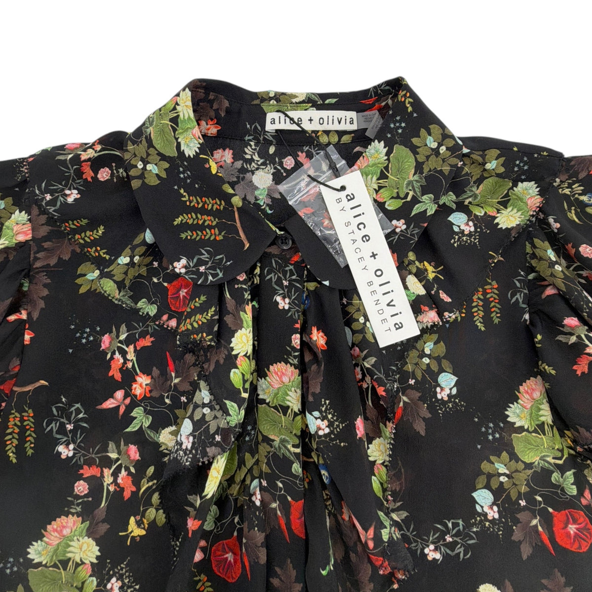 ALICE+OLIVIA Floral Ruffle Blouse in Blush Kiss Black S
