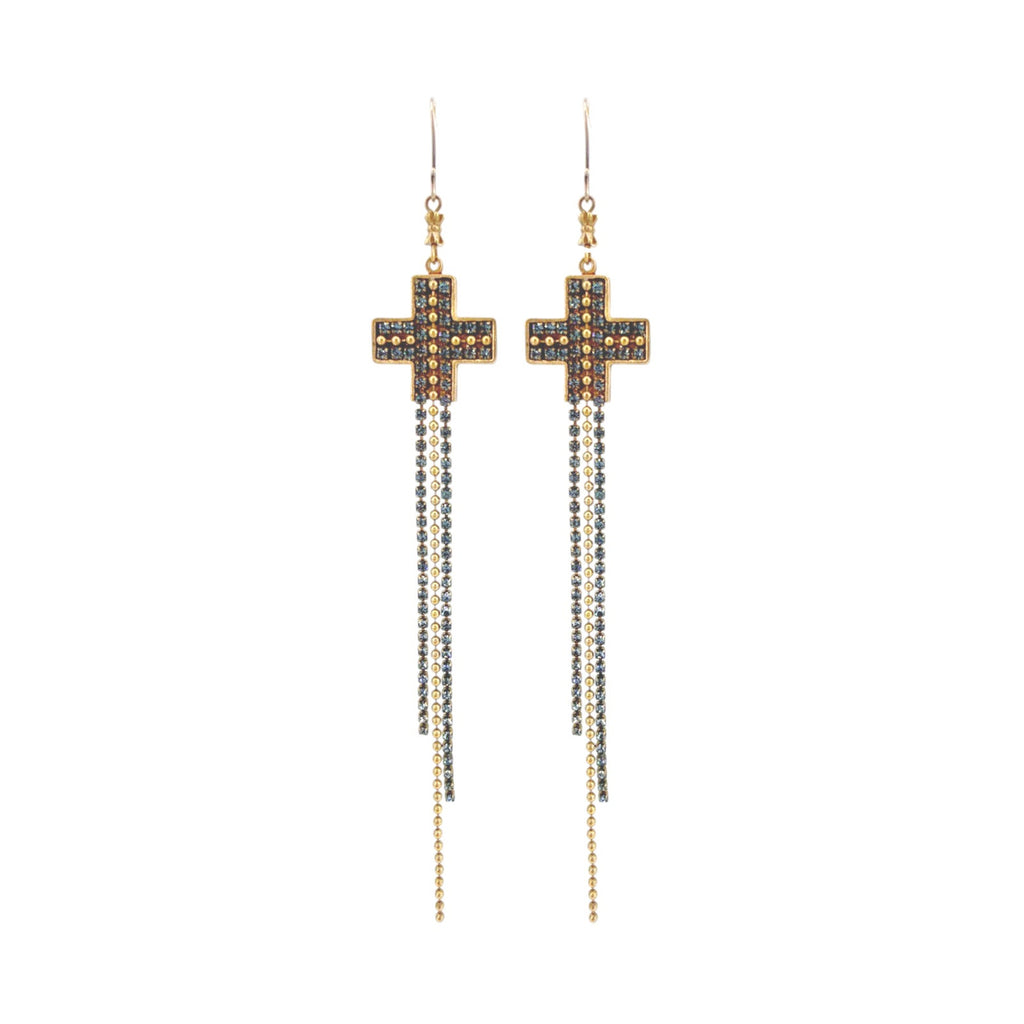 VIRGINS SAINTS & ANGELS VSA Resurrection Cross Chain Earrings in Gold & Blue