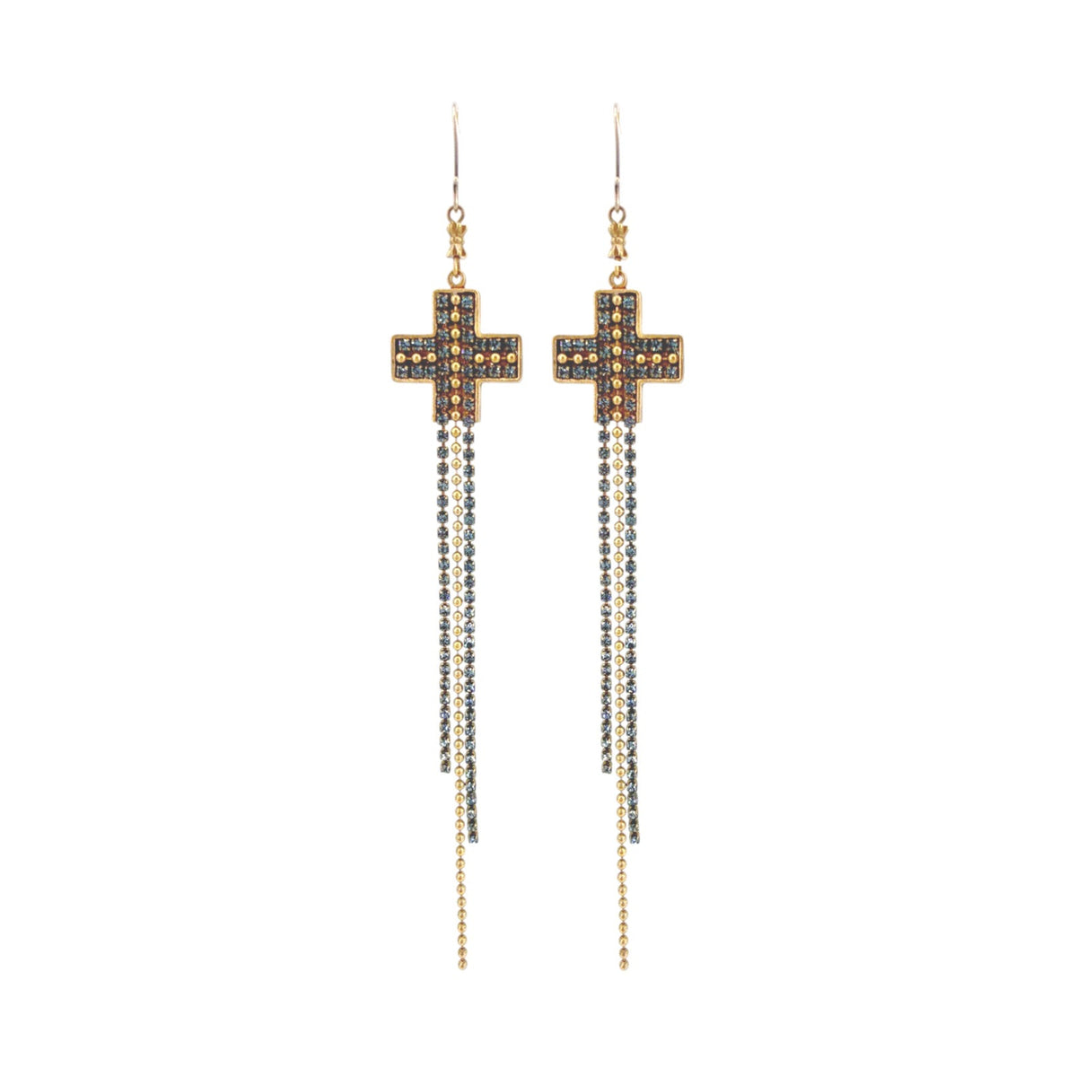 VIRGINS SAINTS & ANGELS VSA Resurrection Cross Chain Earrings in Gold & Blue